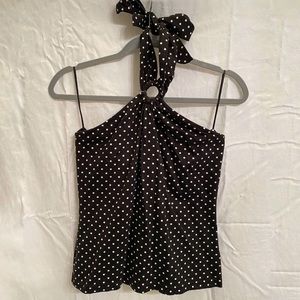 Navy and white polka dotted top with tie straps